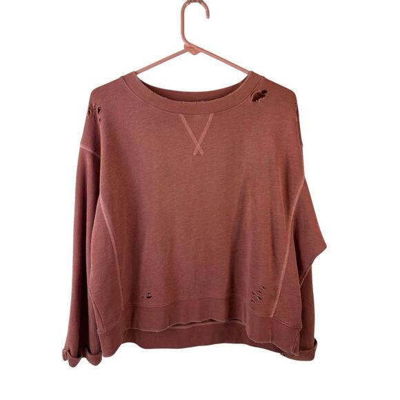 AE American Eagle oversized cropped medium M sweatshirt distressed holes dusty r - Picture 1 of 10